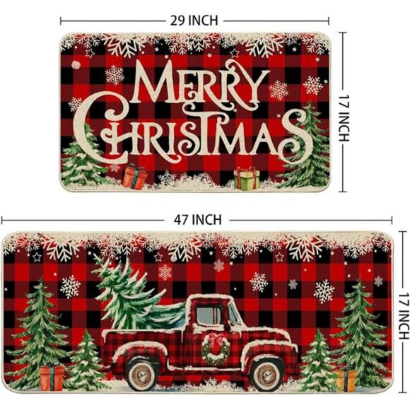 Set of 2 Christmas Kitchen‎ Mats, Red Truck Buffalo Plaid, Farmhouse Decor - Picture 3 of 8